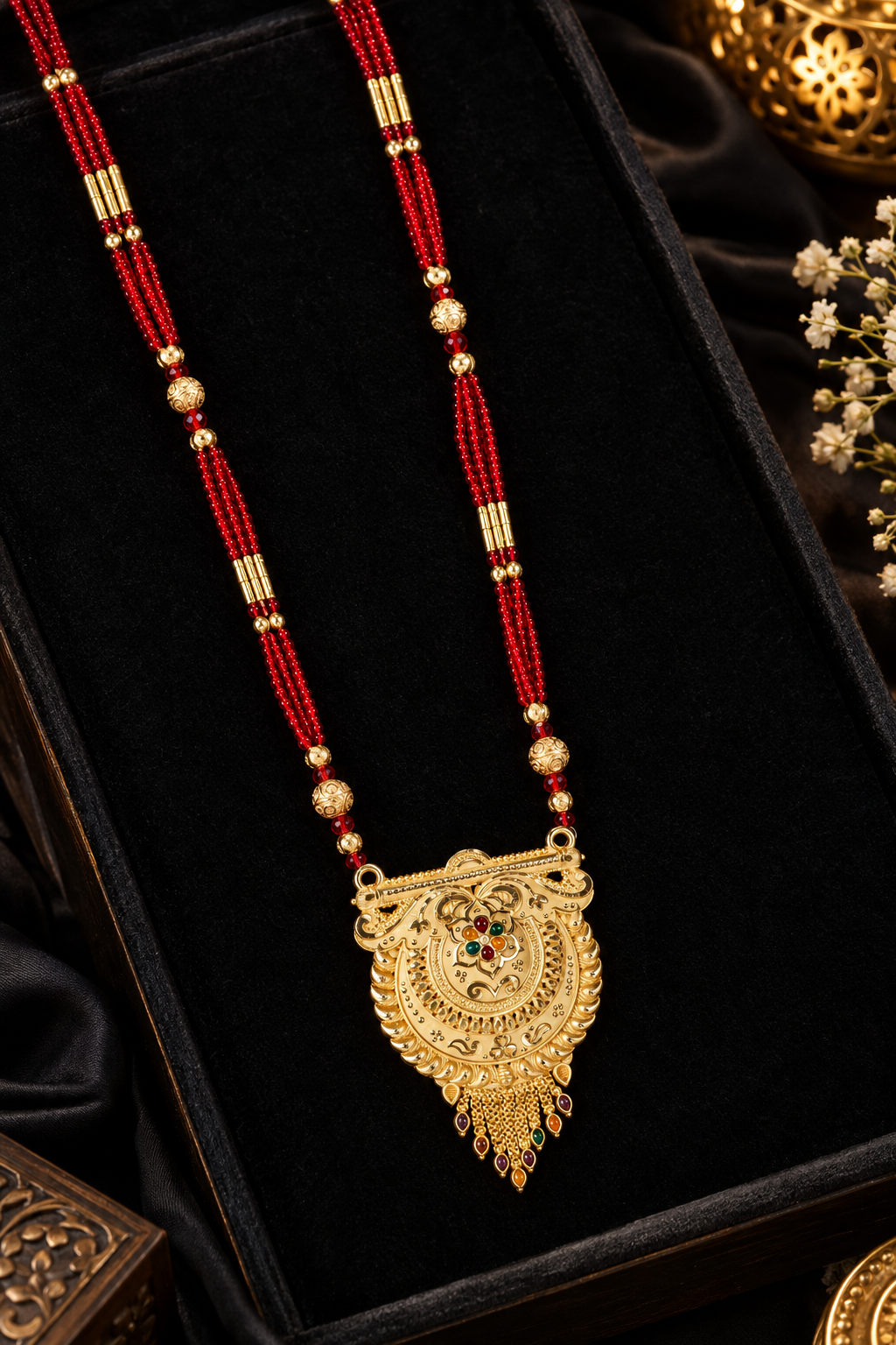 Royal Red Beads Long Mangalsutra | Micro-Plated Gold Designer Pendant | Moon Light Jewellery
