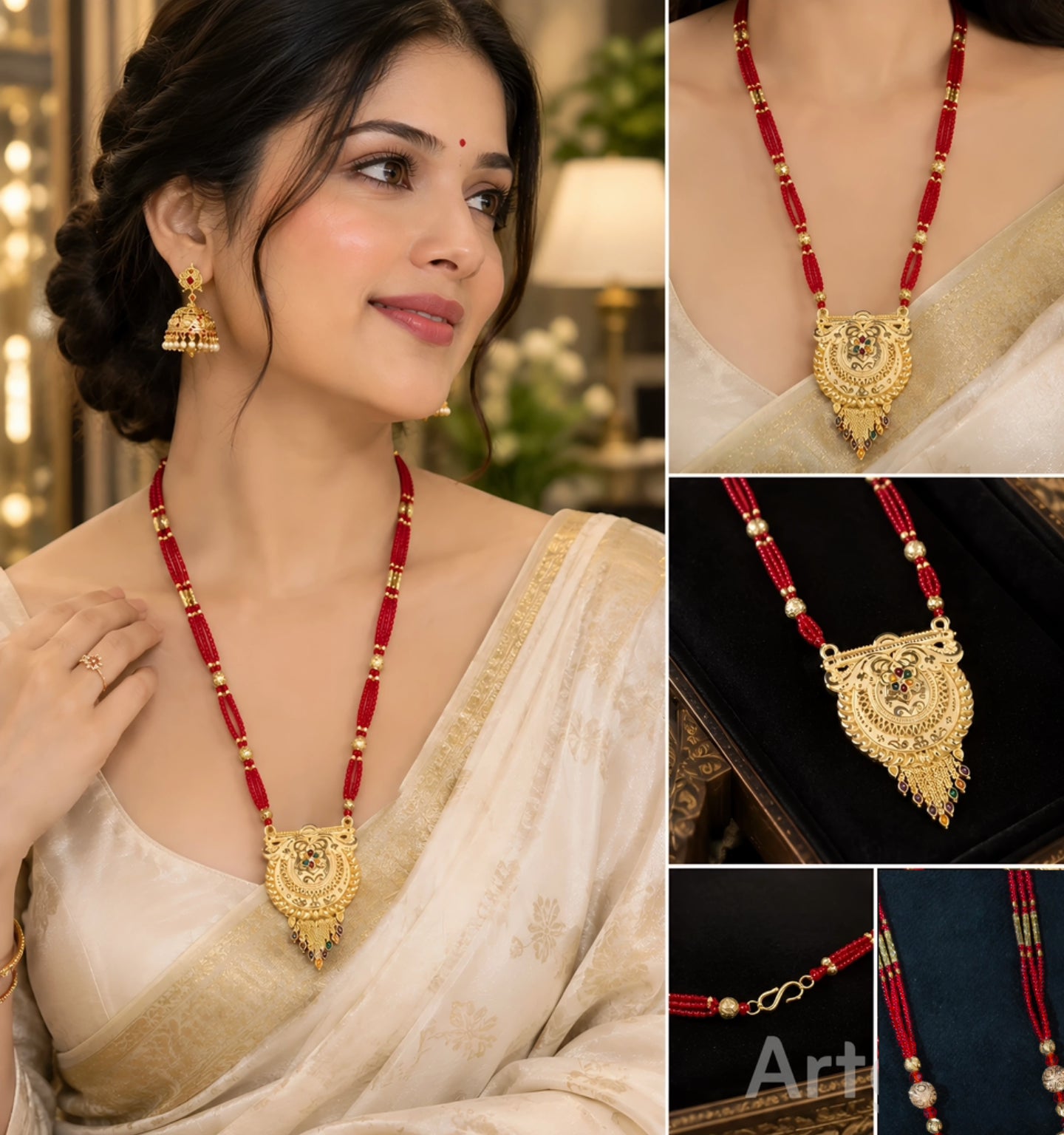 Royal Red Beads Long Mangalsutra | Micro-Plated Gold Designer Pendant | Moon Light Jewellery
