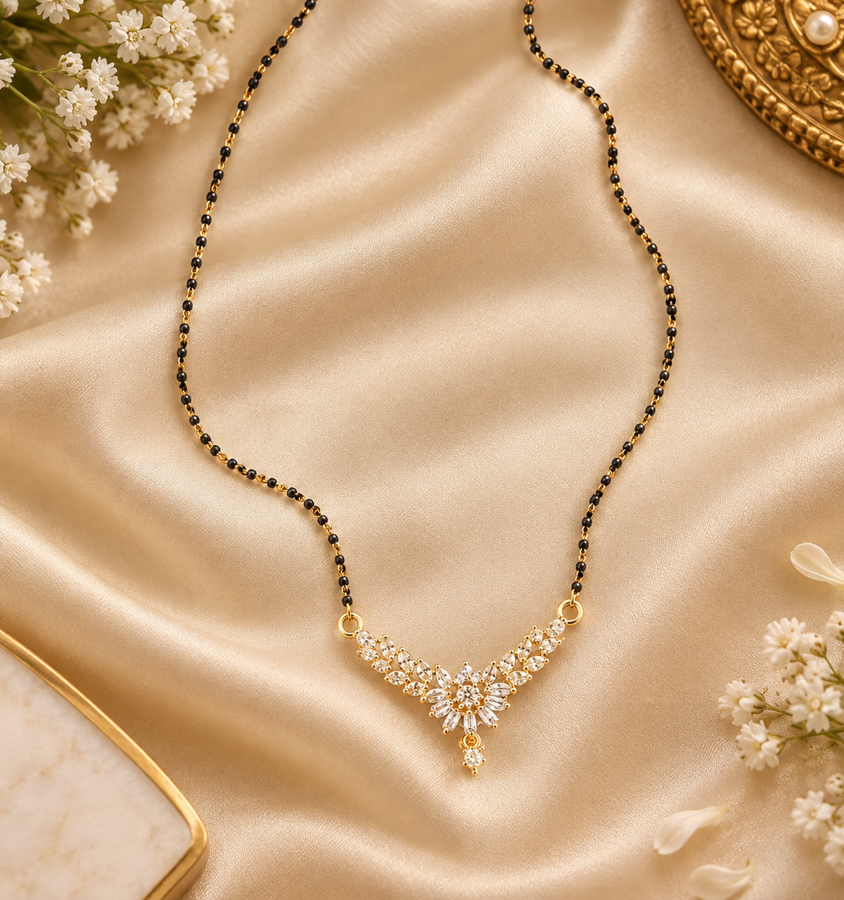 Fancy Gold Plated American Diamond Short Mangalsutra | Light Weight Daily Use Jarcon Work Chain for Office & Festive Wear