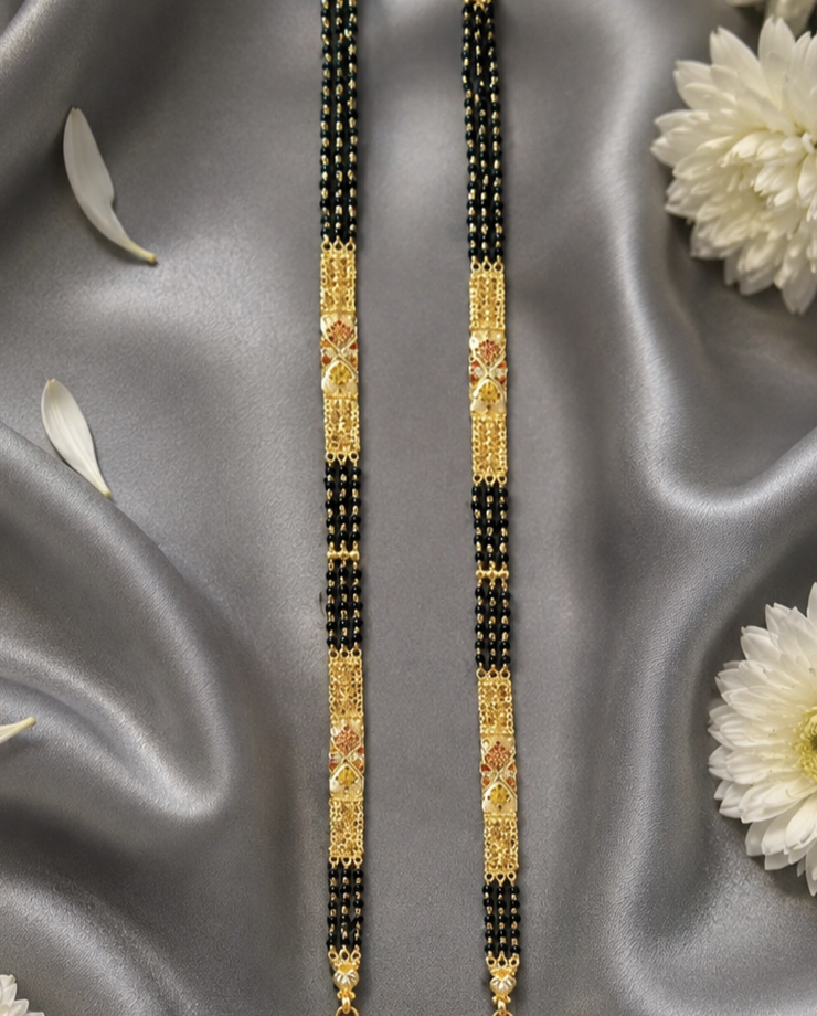 Traditional Gold-Plated Long Mangalsutra with Intricate Circular Pendant & Multi-Strand Black Beads Chain for Women