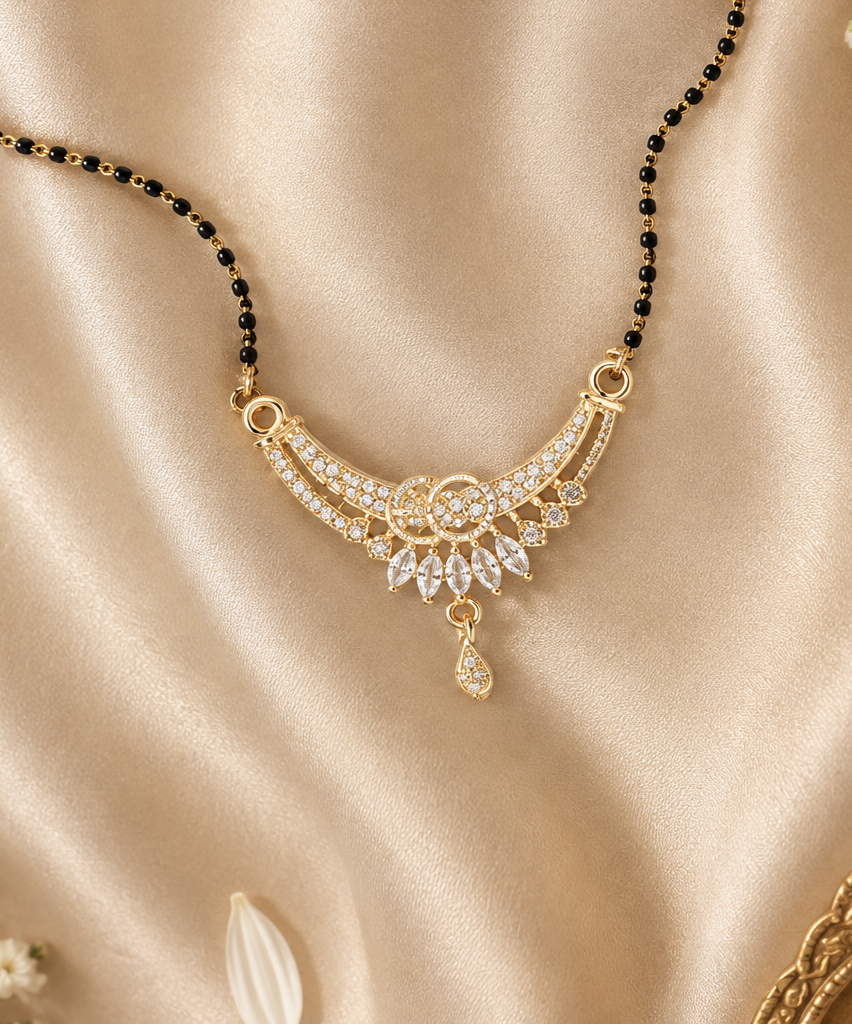 Fancy Gold Plated American Diamond AD Short Mangalsutra | Light Weight Daily Use Jarcon Work Chain for Office & Festive Wear
