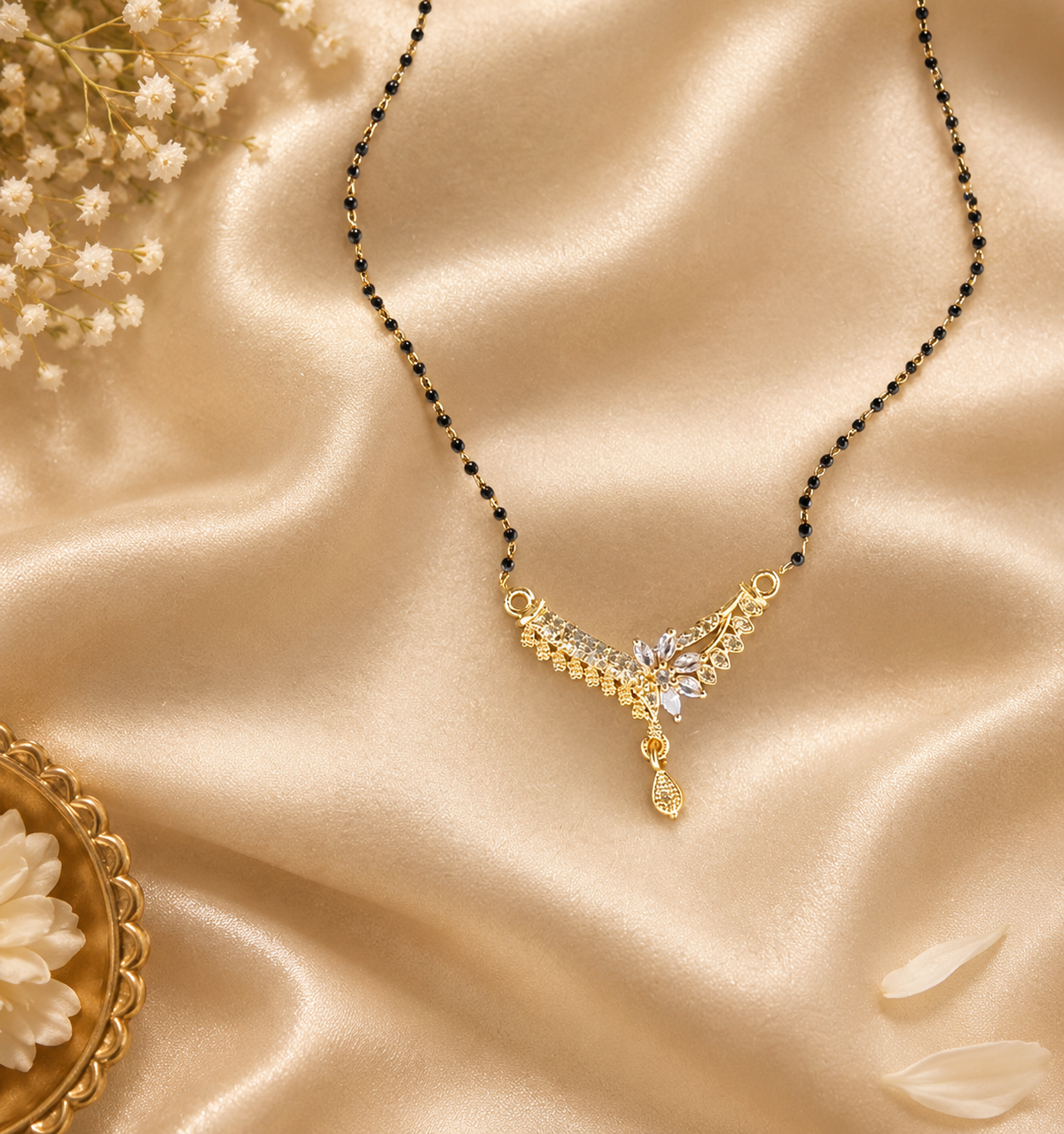 Fancy Gold Plated American Diamond Short Mangalsutra | Light Weight Daily Use Jarcon Work Chain for Office & Festive Wear