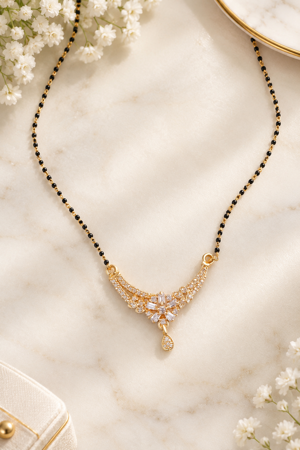 Fancy Gold Plated American Diamond Short Mangalsutra | Light Weight Daily Use Jarcon Work Chain for Office & Festive Wear