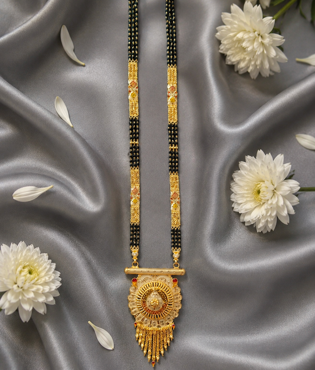 Traditional Gold-Plated Long Mangalsutra with Intricate Circular Pendant & Multi-Strand Black Beads Chain for Women