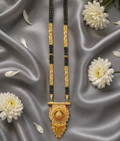 Traditional Gold-Plated Long Mangalsutra with Intricate Circular Pendant & Multi-Strand Black Beads Chain for Women