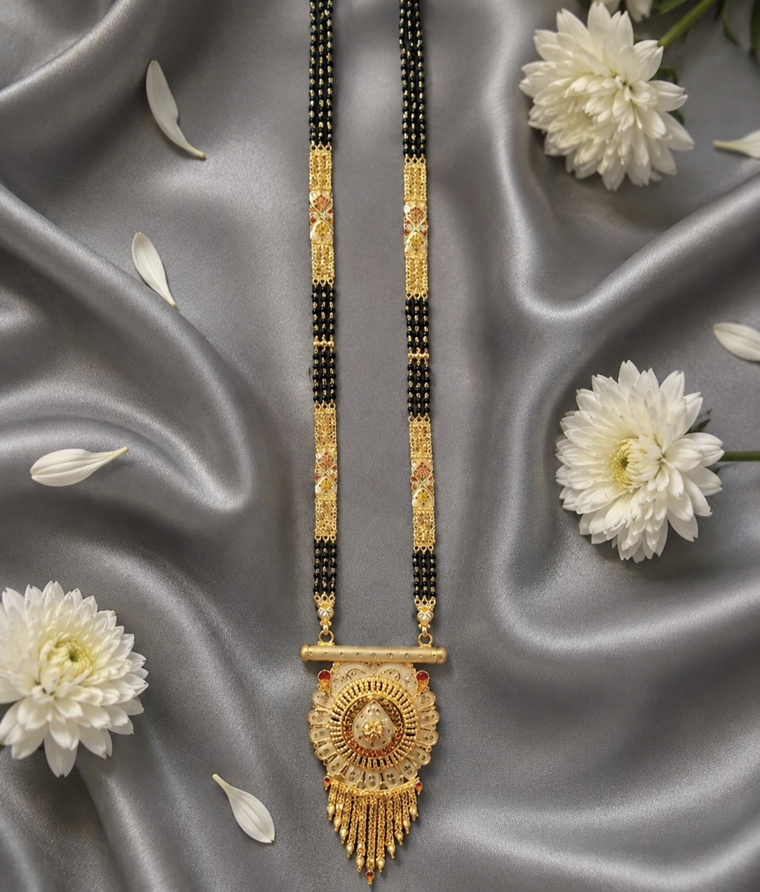Traditional Gold-Plated Long Mangalsutra with Intricate Circular Pendant & Multi-Strand Black Beads Chain for Women