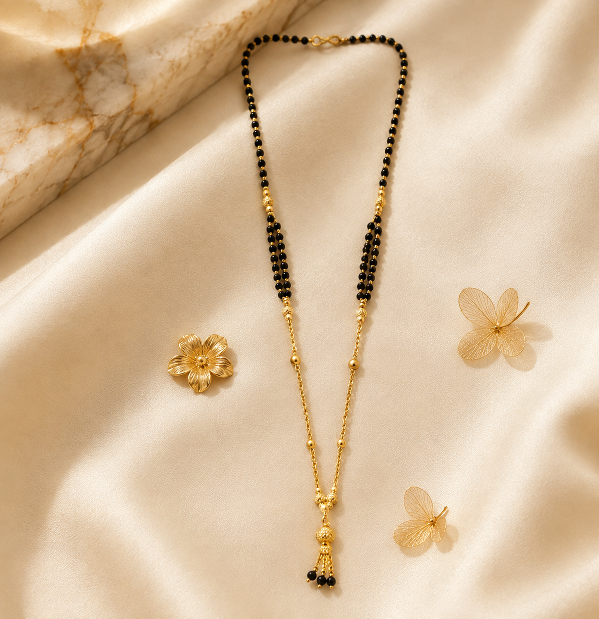Long-Lasting Micro Gold Plated Tassel Mangalsutra | Daily Wear & any Wear Black Beads Chain